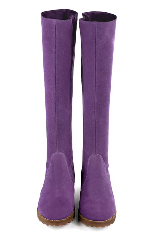 Amethyst purple women's riding knee-high boots. Round toe. Flat rubber soles. Made to measure. Top view - Florence KOOIJMAN
